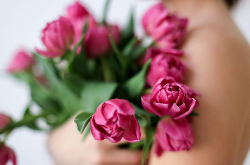 pink roses on persons lap